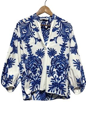 ZARA Blue White Tile Print Blouse Coastal Mediterranean Resort Boho XS